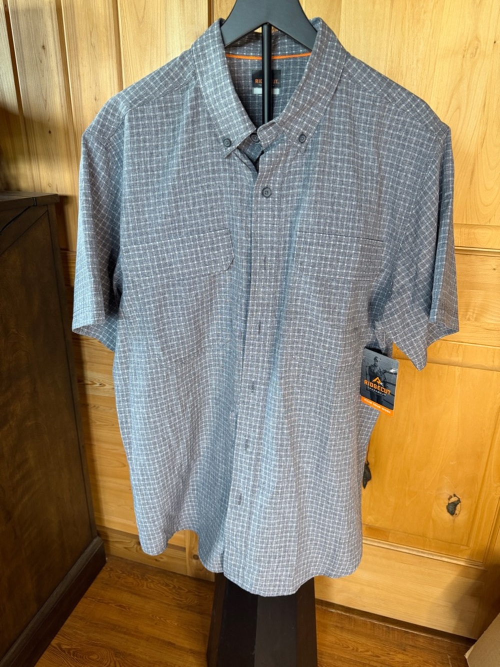 Men's Short Sleeve Gray Grid Button-Down Shirt by Ridgecut